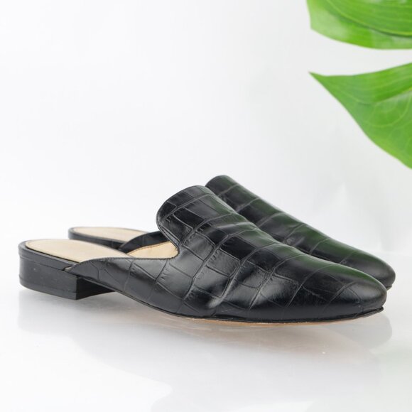 Michael Kors Womens Natasha Mules Size 7.5 Black Leather Croc Flat Slip On Shoes - Picture 1 of 11